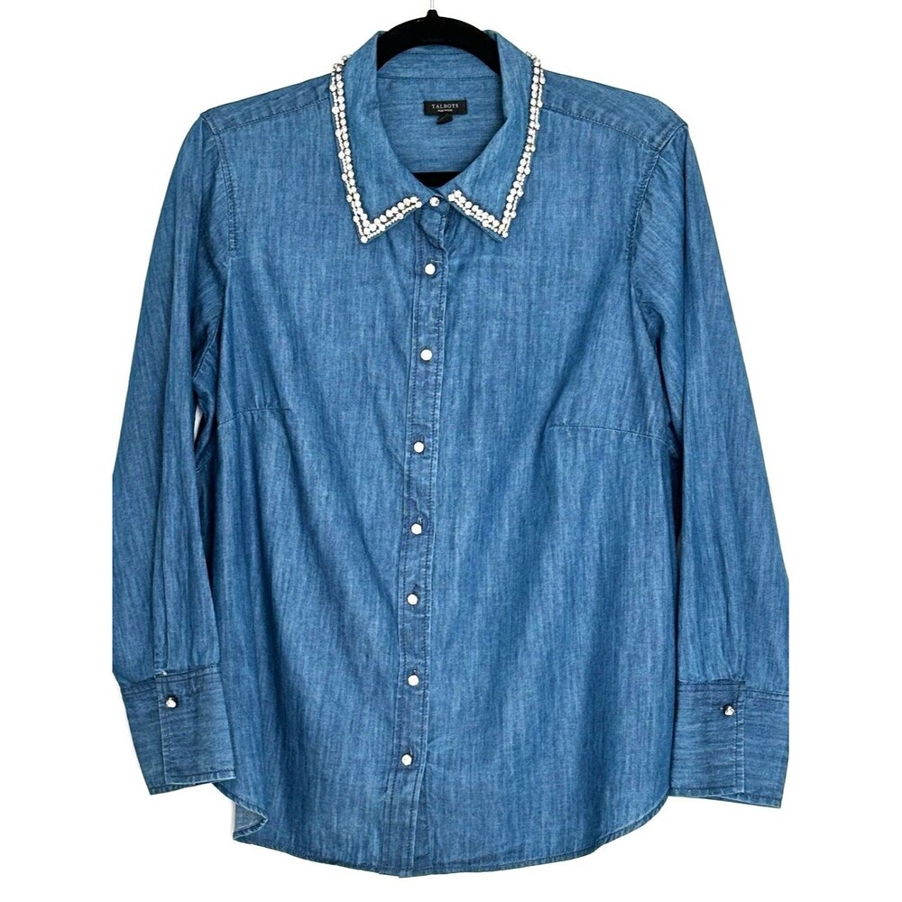 Talbots Embellished Collar Denim Button Front Shirt Size 1XP - Picture 2 of 5
